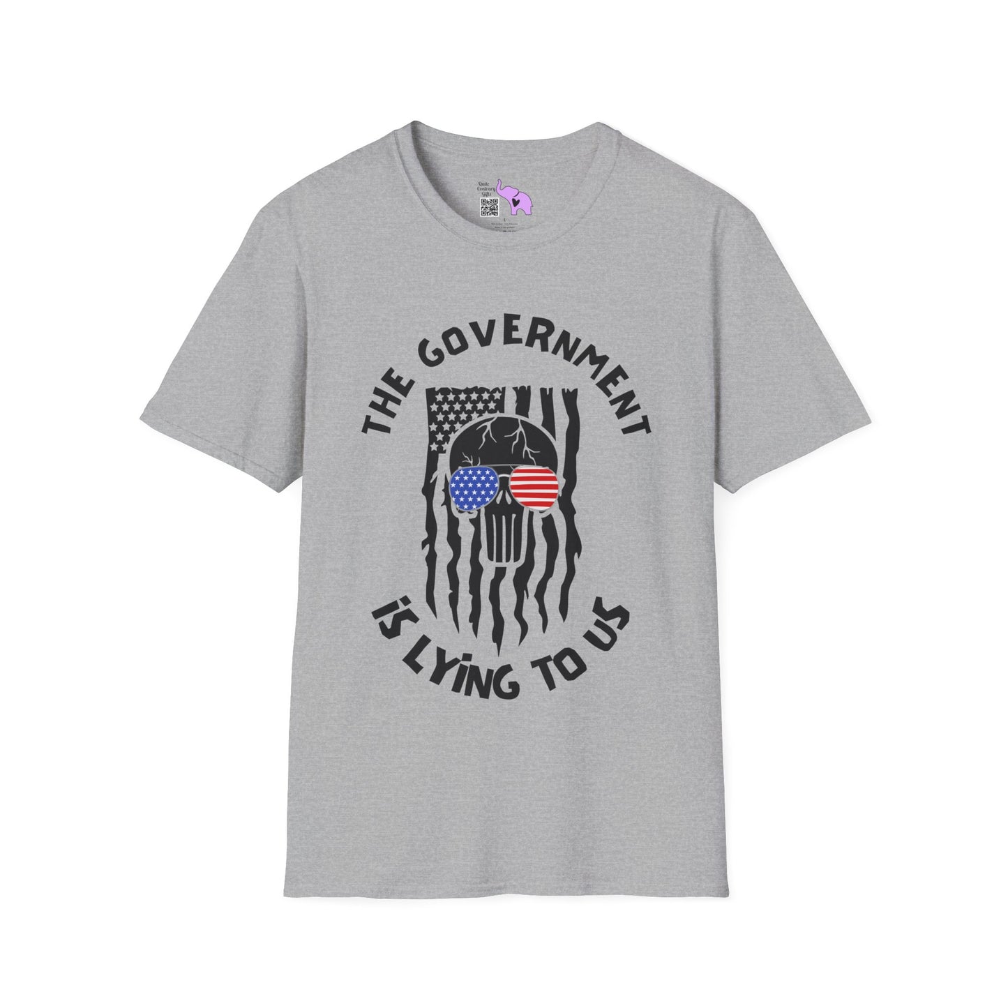 The Government is Lying To Us Skull w/Glasses Over Flag Adult T-shirt