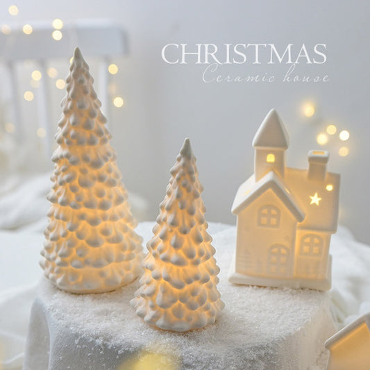 Festive Ceramic Christmas Display – Tree, Snowman, and House