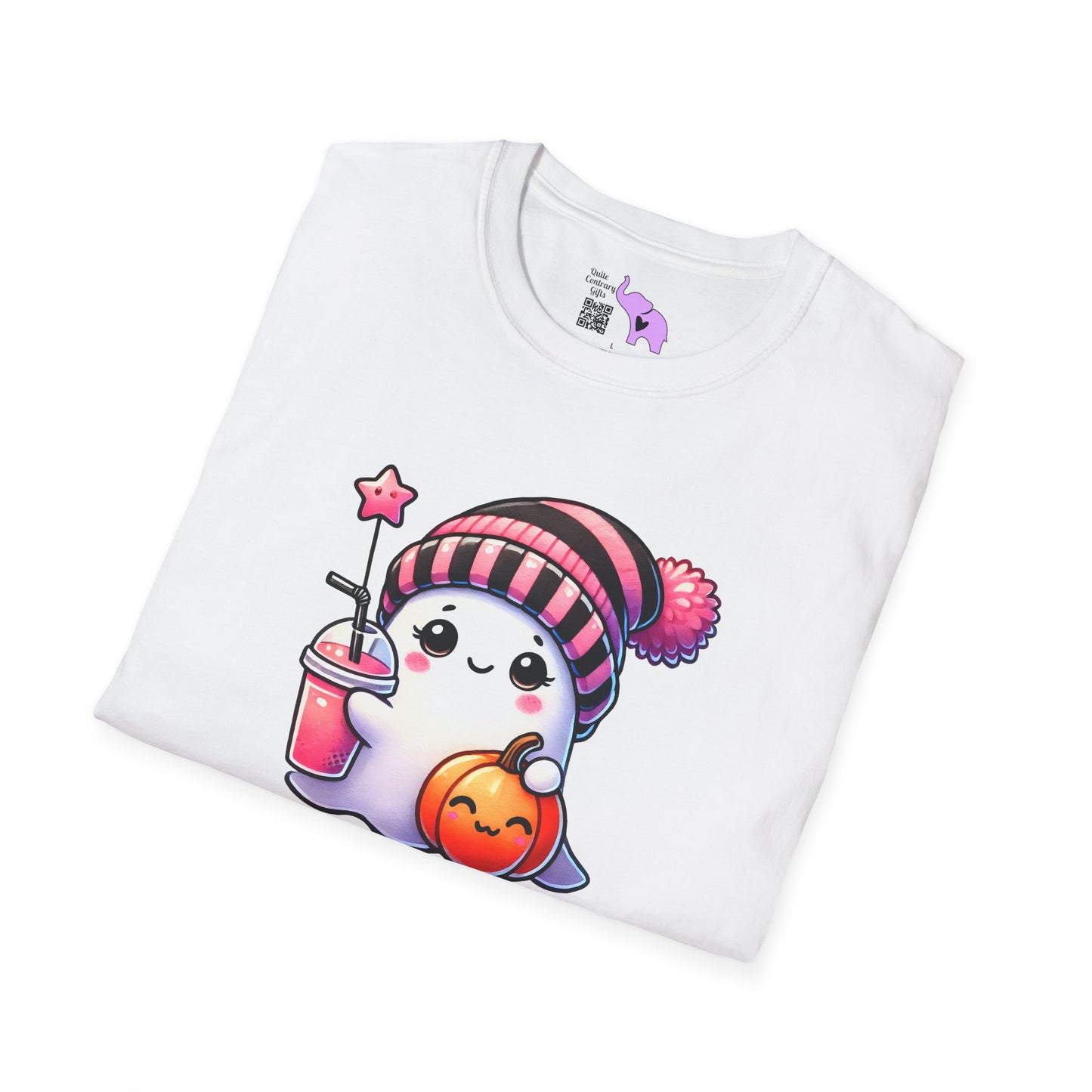 Cute Ghost w/Pumpkin and Pink Drink Adult T-shirt