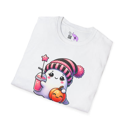 Cute Ghost w/Pumpkin and Pink Drink Adult T-shirt