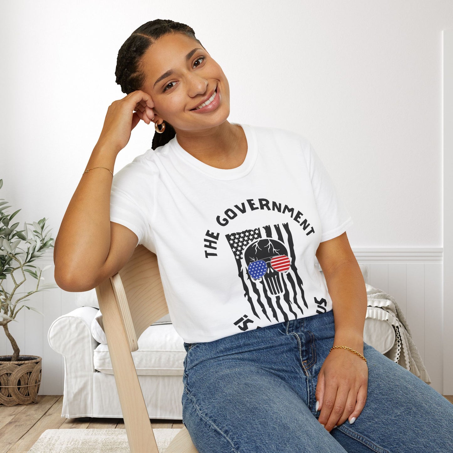 The Government is Lying To Us Skull w/Glasses Over Flag Adult T-shirt