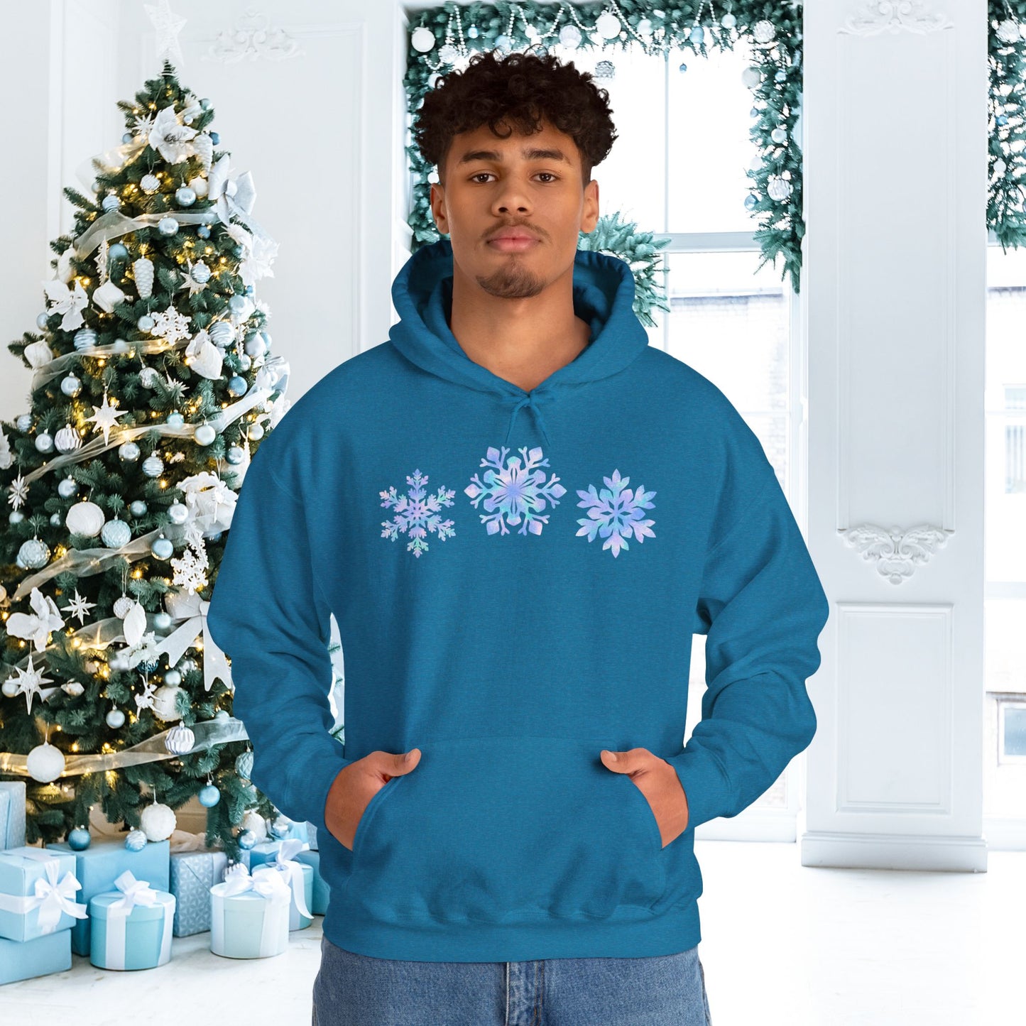 Blue Snowflakes Adult Heavy Blend™ Hooded Sweatshirt