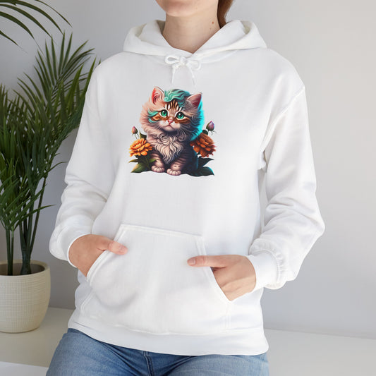 Cute Colorful Kitten in Flowers 3 Heavy Blend™ Hooded Sweatshirt