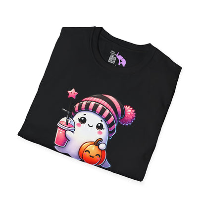 Cute Ghost w/Pumpkin and Pink Drink Adult T-shirt
