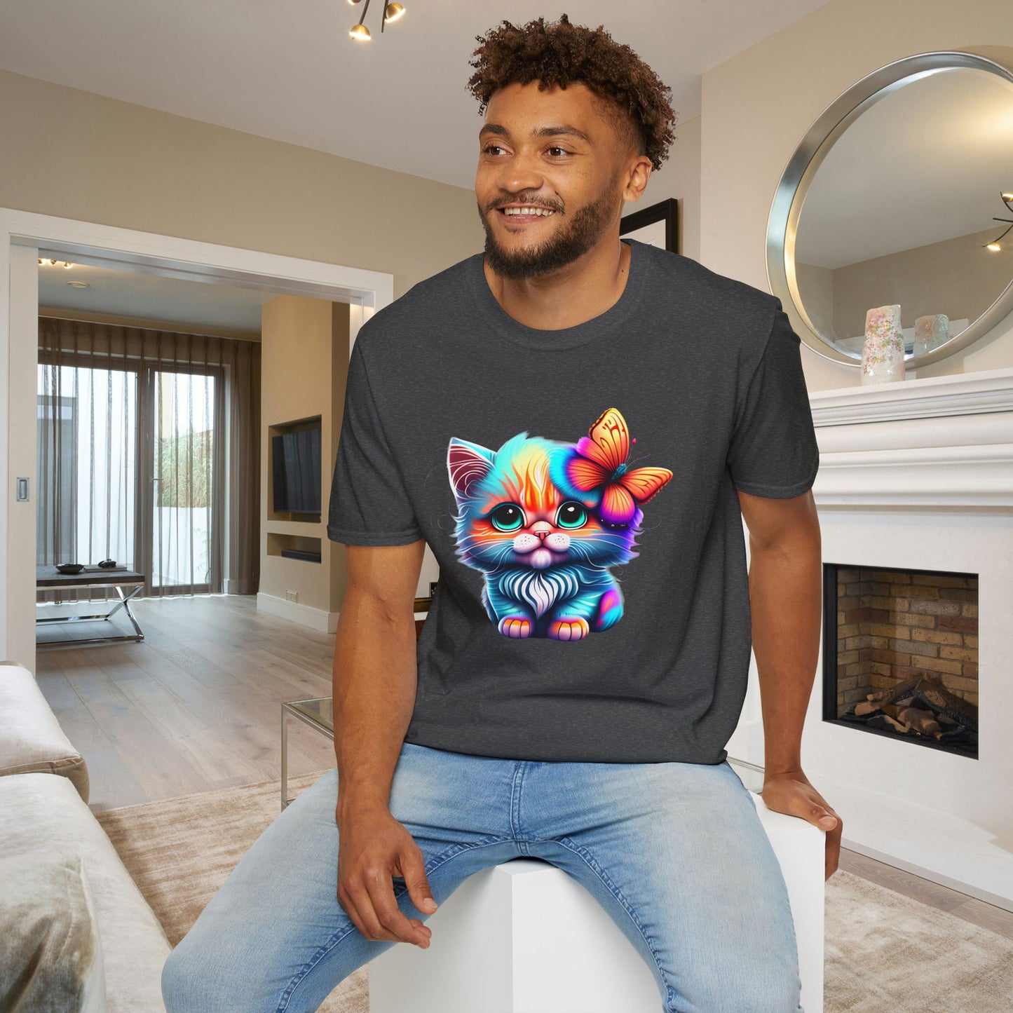 Cute Colorful Kitten w/Butterfly Adult T-shirt