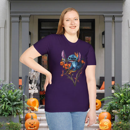 Halloween Stitch in Tree w/Pumpkins Adult T-shirt
