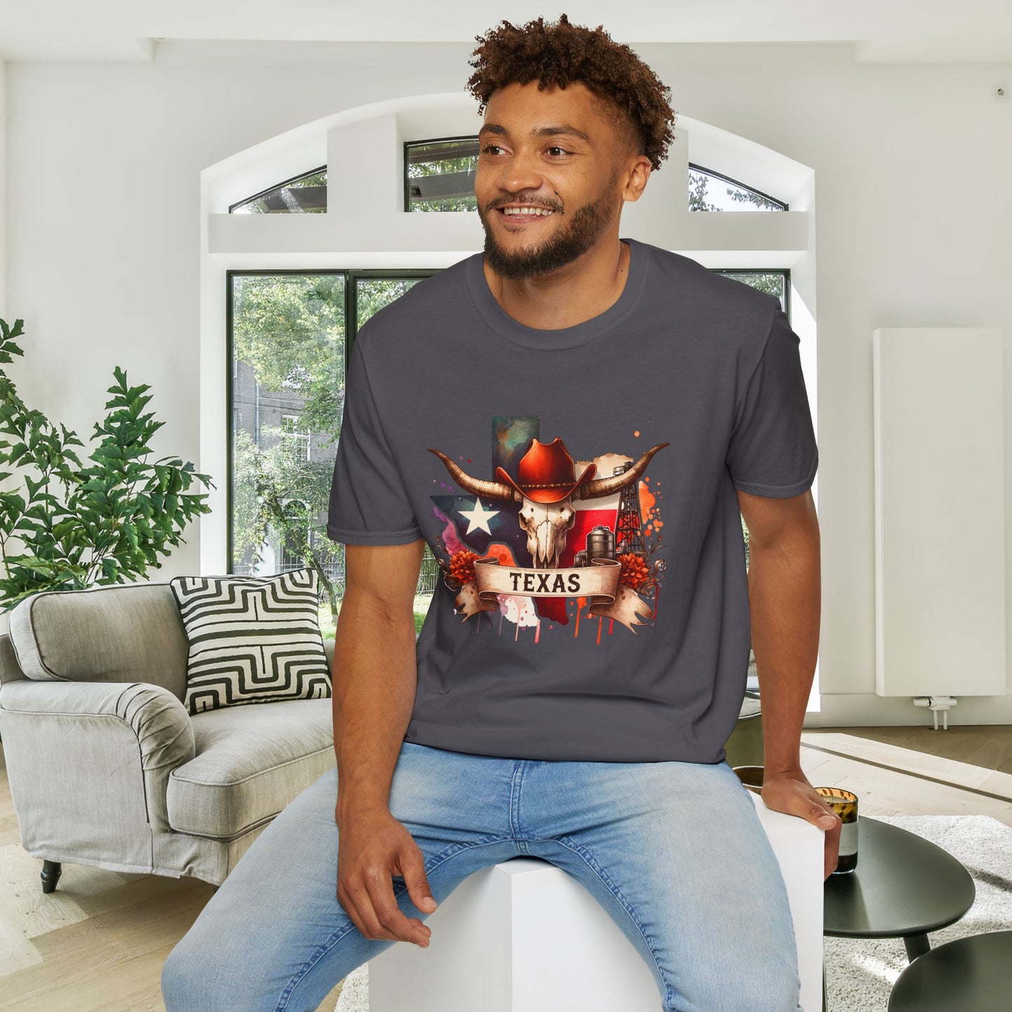 Texas Cow Skull w/Red Cowboy Hat Adult T-shirt