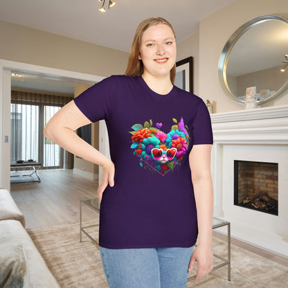 Colorful Flowers/Heart Kitten Adult T-shirt
