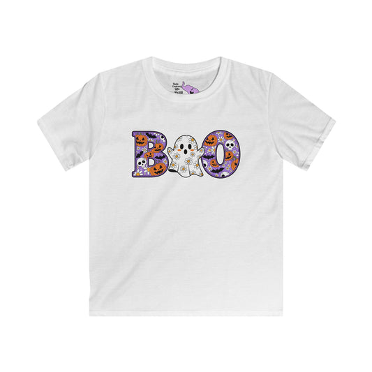 Cute Floral Boo w/Ghost Kids Softstyle Tee