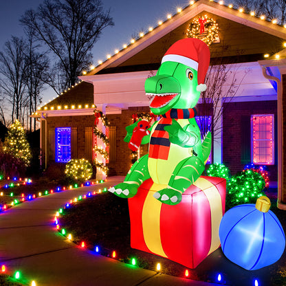 Inflatable Christmas Dinosaur on Gift Box with LED Lights