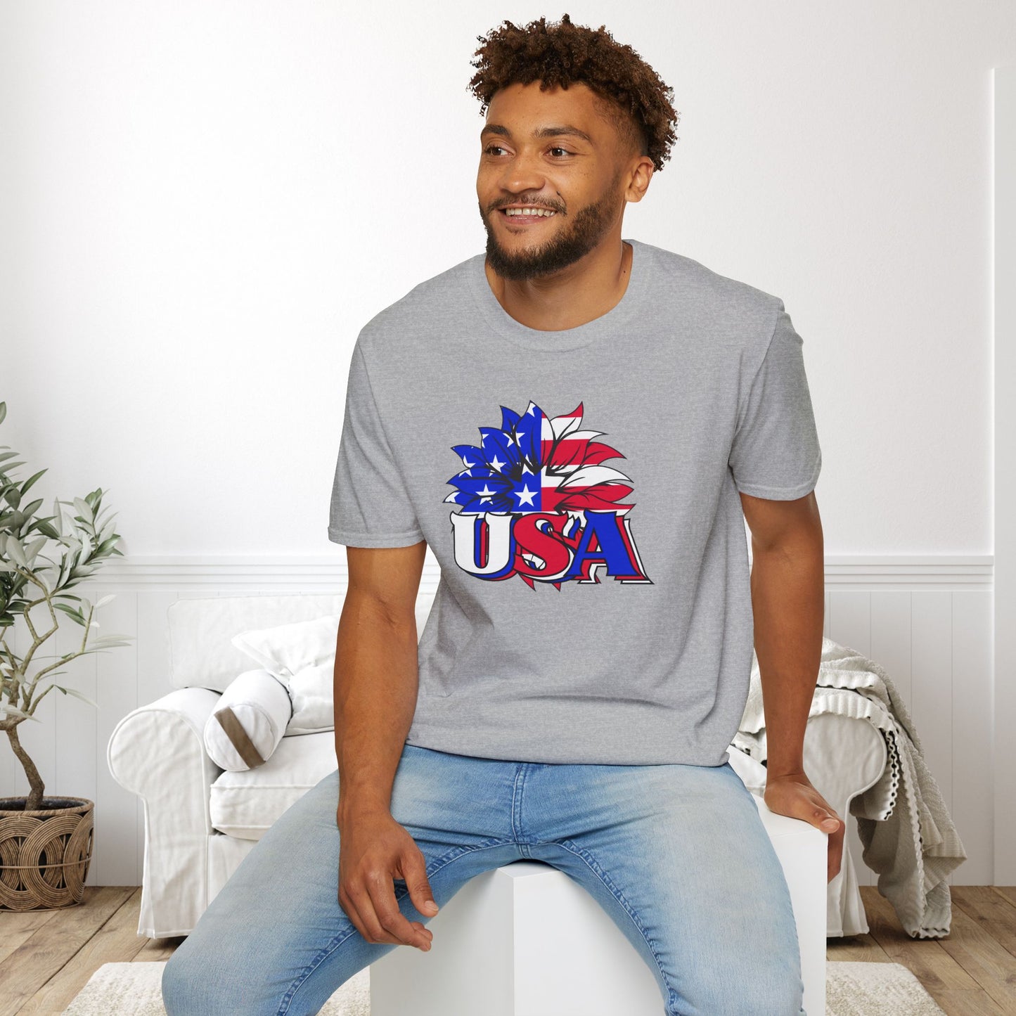 USA Red, White, and Blue Flag Sunflower Adult T-shirt