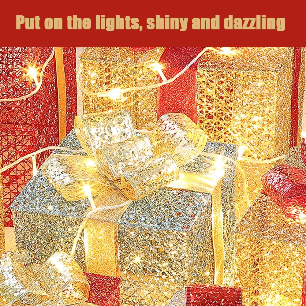 Lighted Metal Gift Box Sets of 3 – LED Christmas Decorations in Gold, Red, Blue & Silver