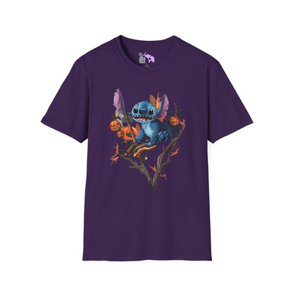 Halloween Stitch in Tree w/Pumpkins Adult T-shirt