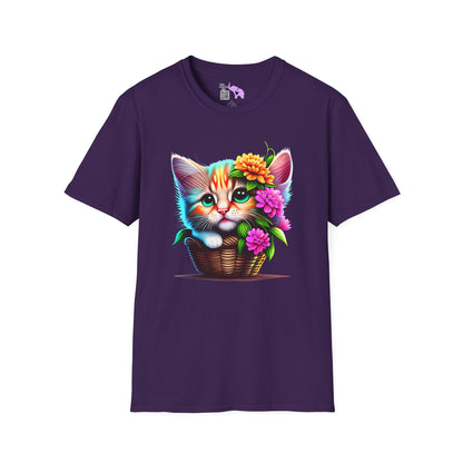 Cute Colorful Kitten in Flowers Adult T-shirt