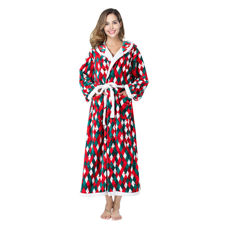 Christmas Women Fleece Hooded Plush Bathrobe
