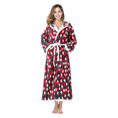 Christmas Women Fleece Hooded Plush Bathrobe