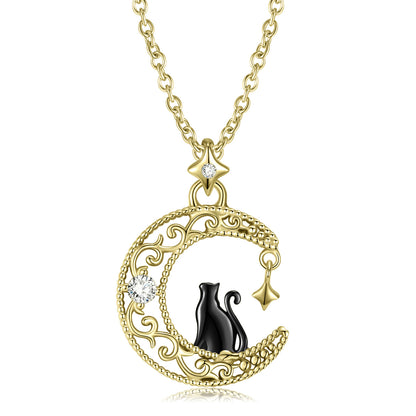 Black Cat in the Moon Sterling Silver Necklace