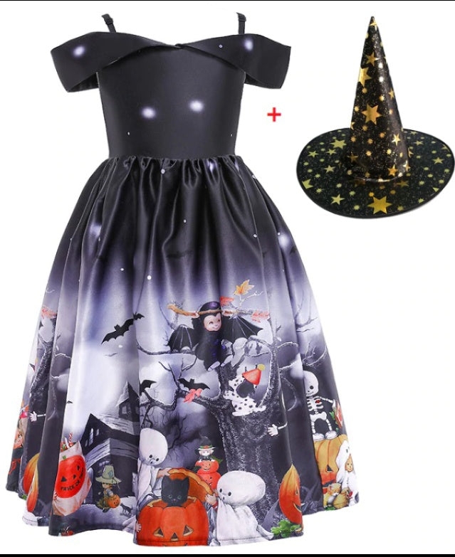 Halloween Cute Witch Dress Printed Mesh
