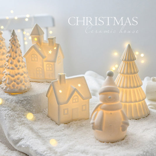 Festive Ceramic Christmas Display – Tree, Snowman, and House