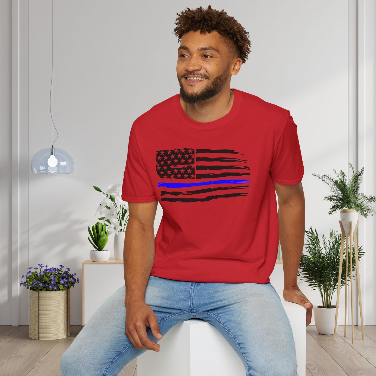 Thin Blue Line American Flag Adult T-shirt