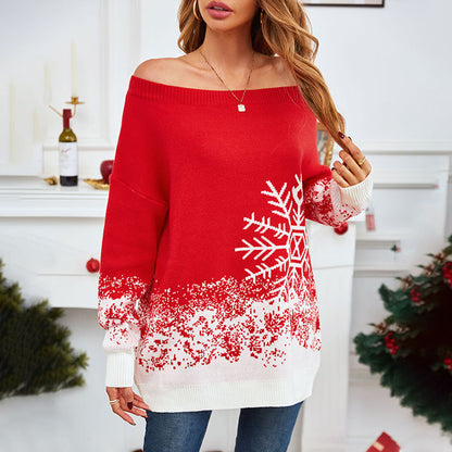 Little Snowflake Casual Off-the-shoulder Christmas Sweater for Women