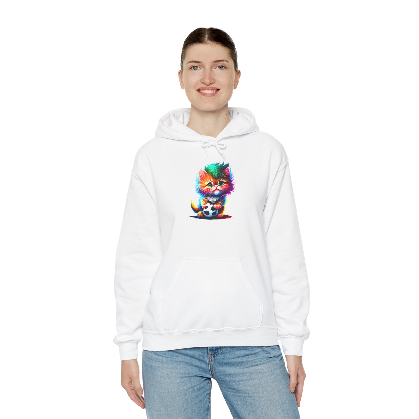 Cute Colorful Kitten w/Soccer Ball Heavy Blend™ Hooded Sweatshirt