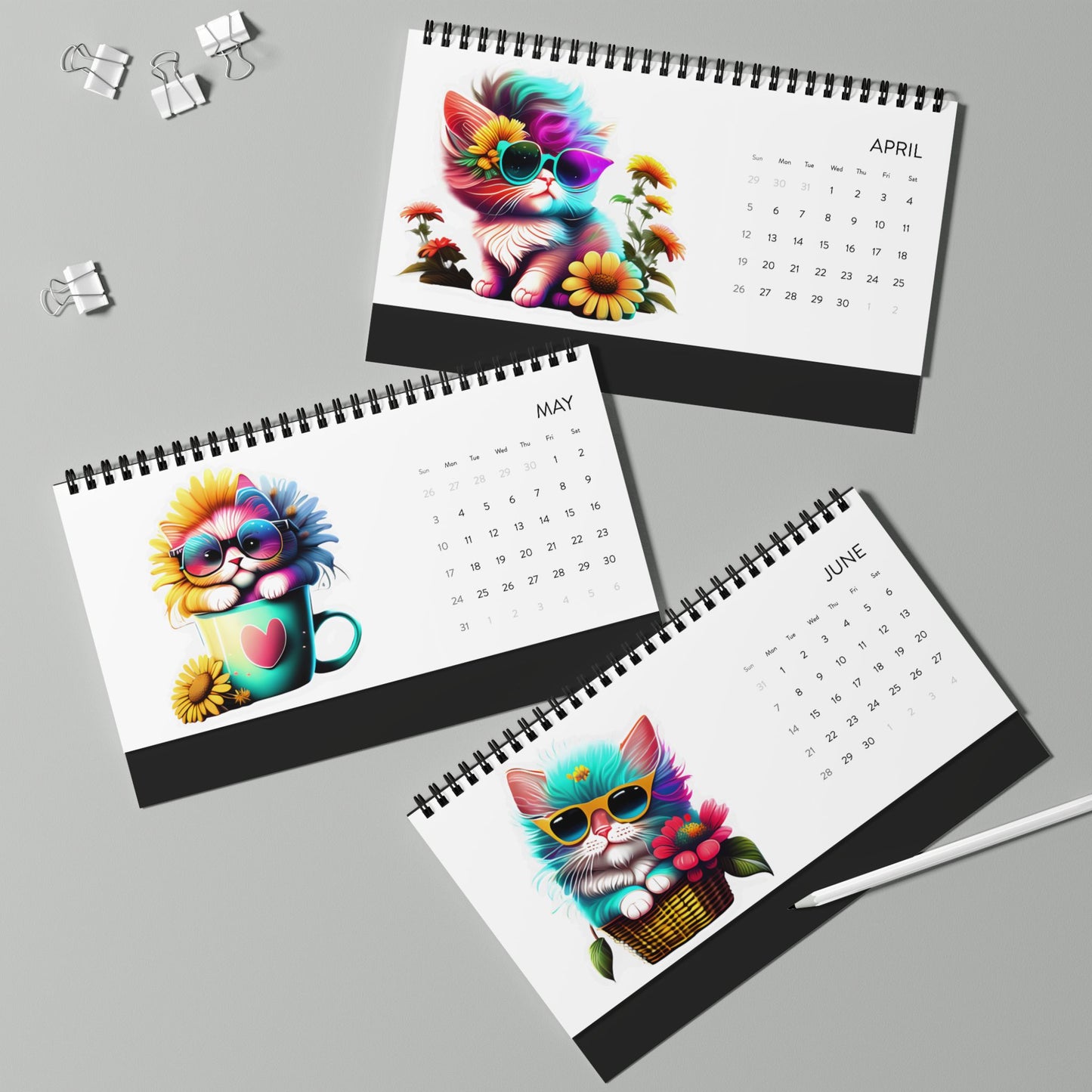 2026 Colorful Cat Desktop Calendar — Cute Kitten Monthly Grid Planner