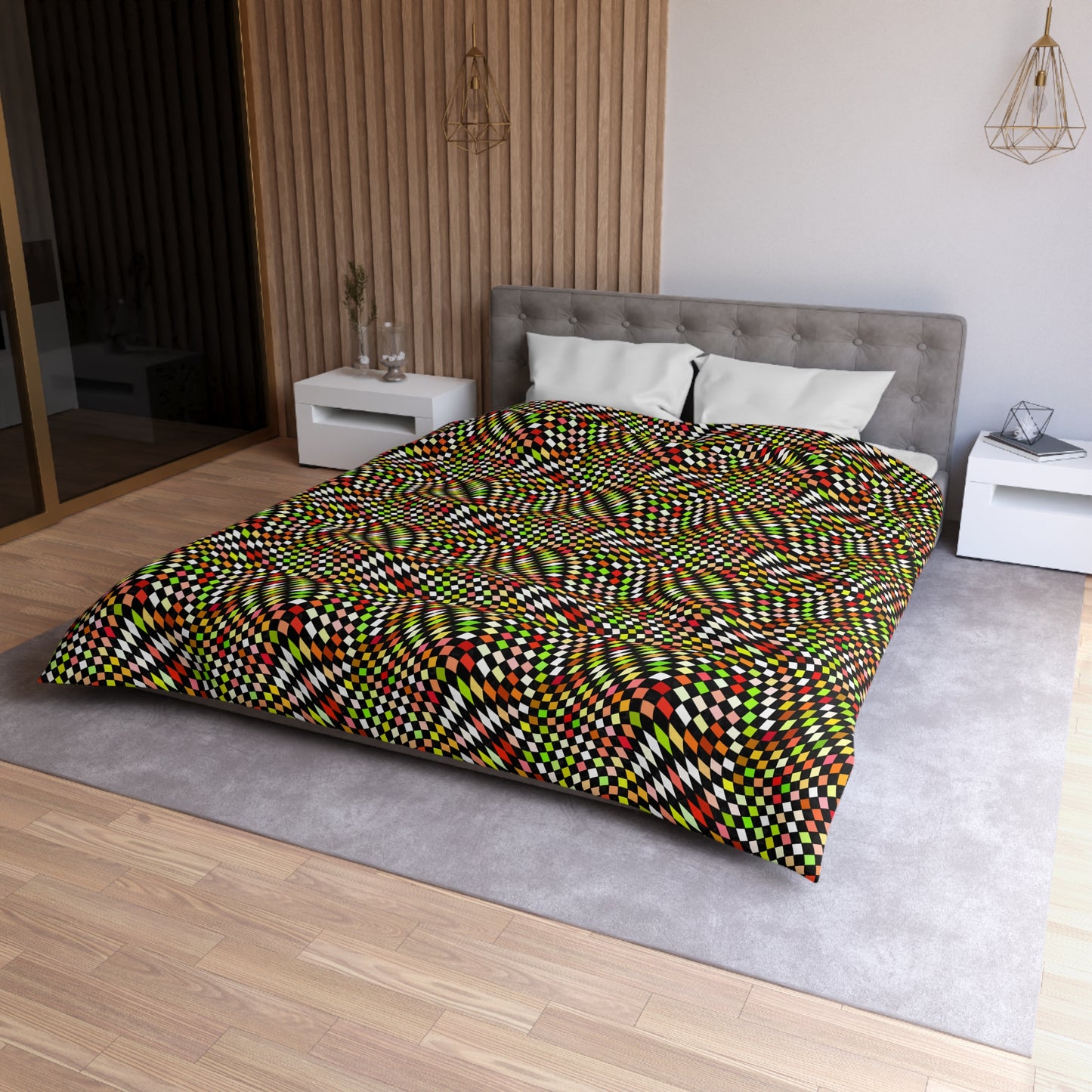 Warped Yellow/Green Checkered Microfiber Duvet Cover
