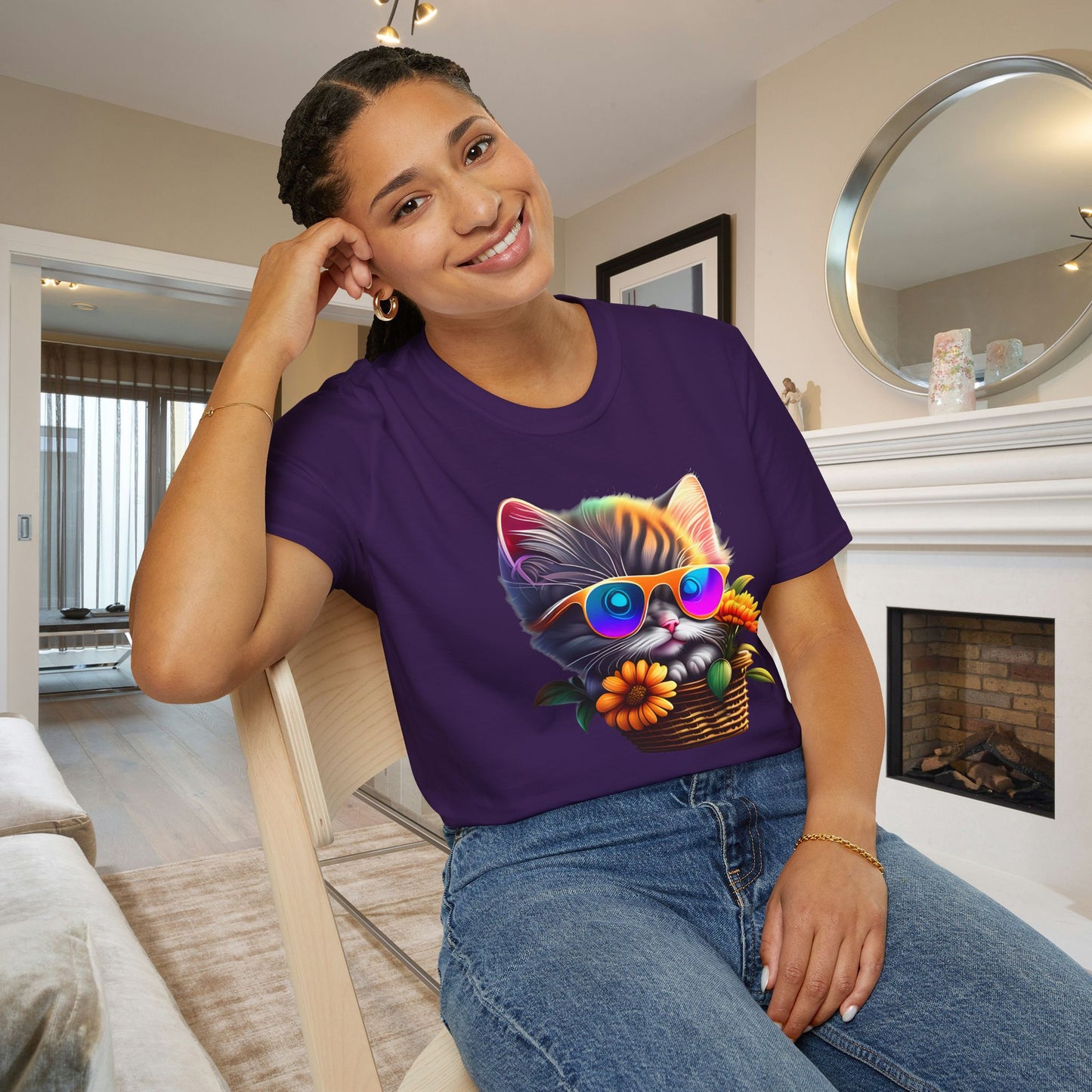 Cool Colorful Kitten in Flowers Adult T-shirt