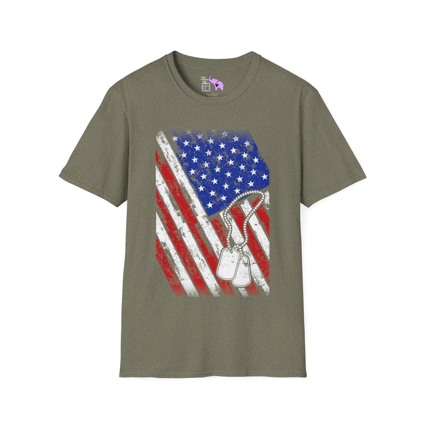 Distressed American Flag w/Dog Tags Adult T-Shirt