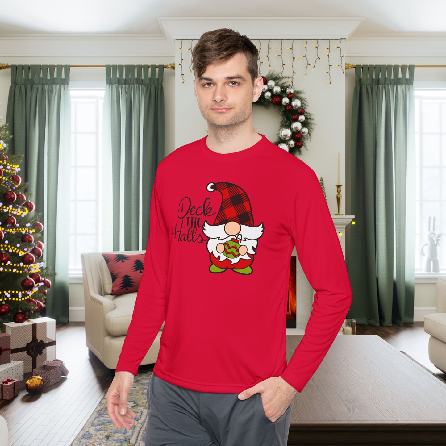 Deck the Halls Plaid Gnome Adult Long Sleeve Tee