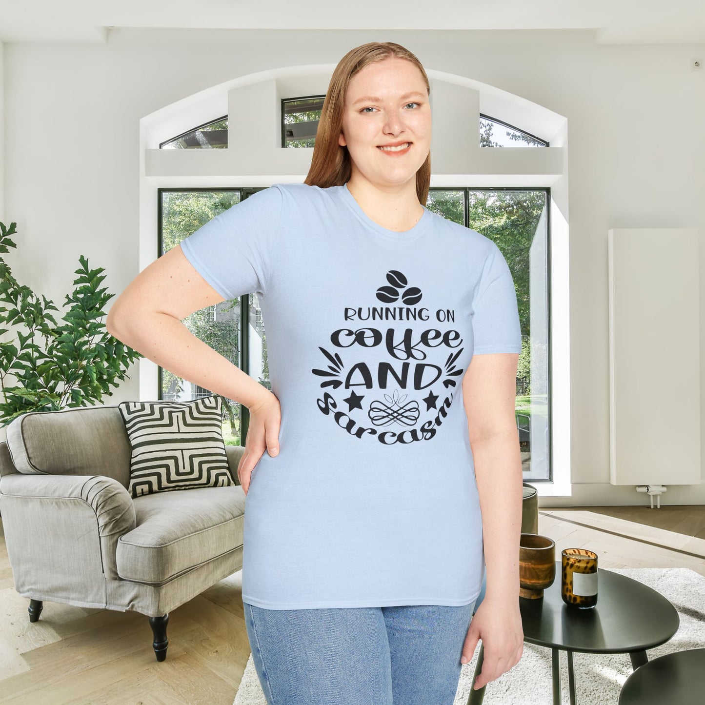 Running On Coffee And Sarcasm Adult T-shirt