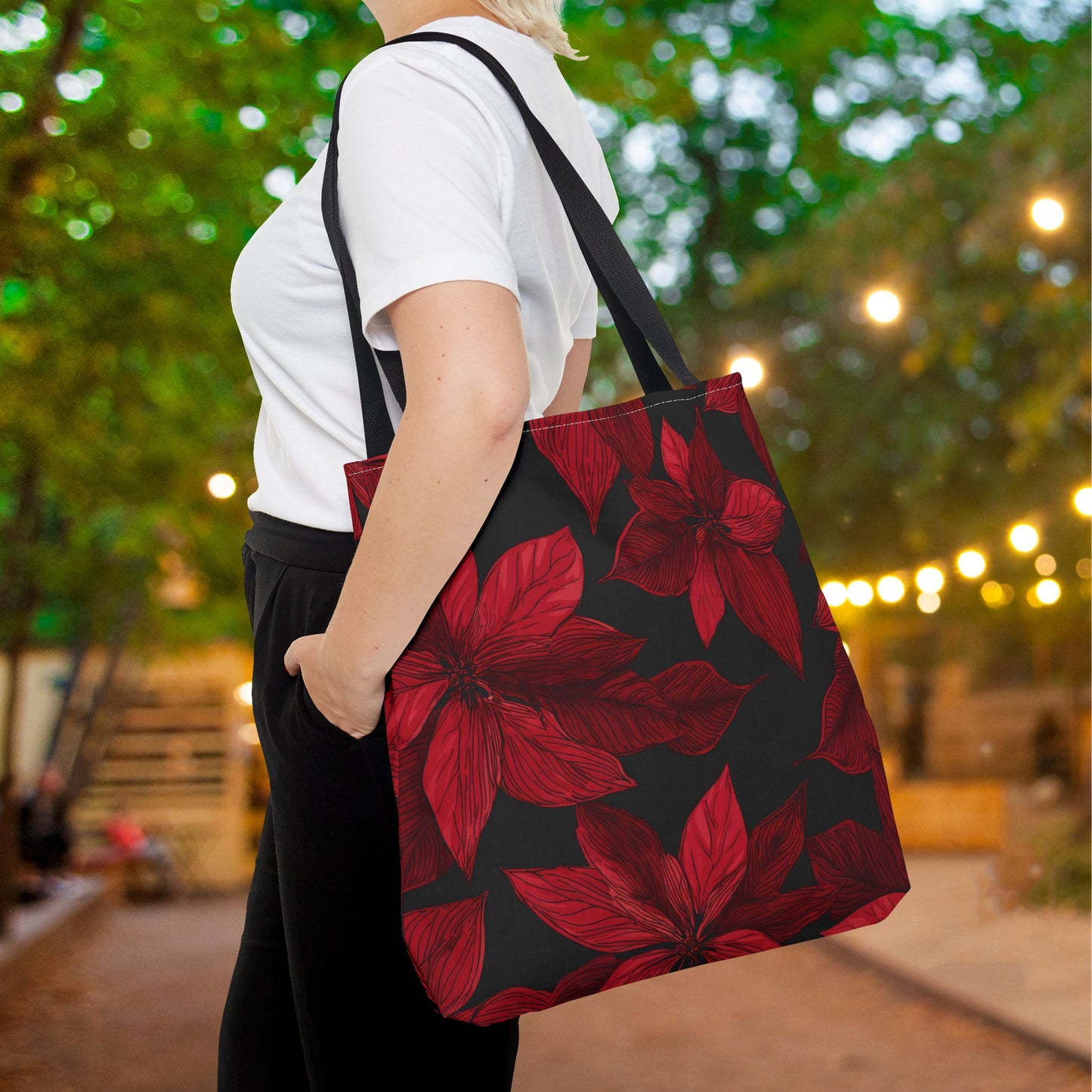 Midnight Poinsettia Garden Canvas Tote Bag