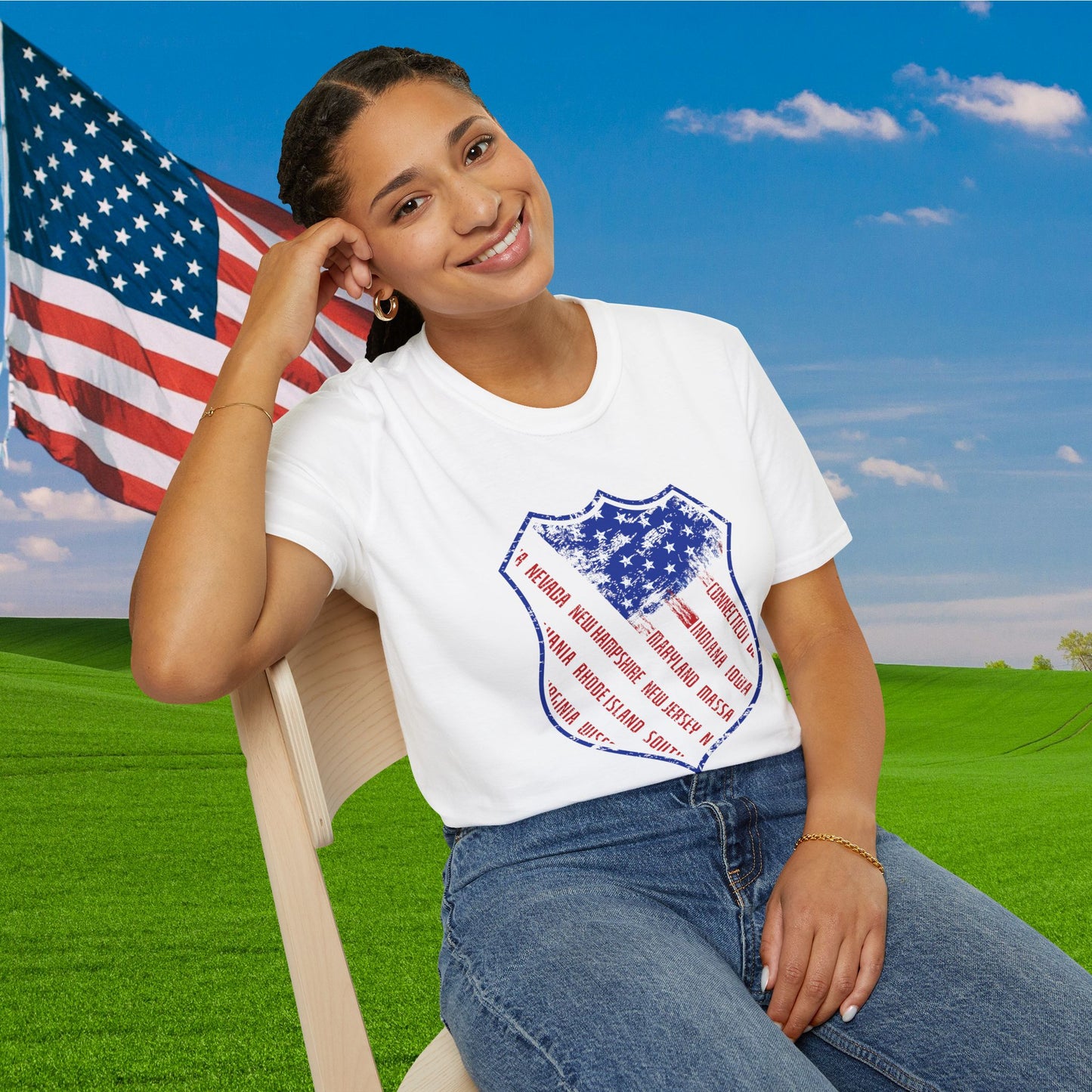 Badge-Shaped American Flag w/States Adult T-Shirt