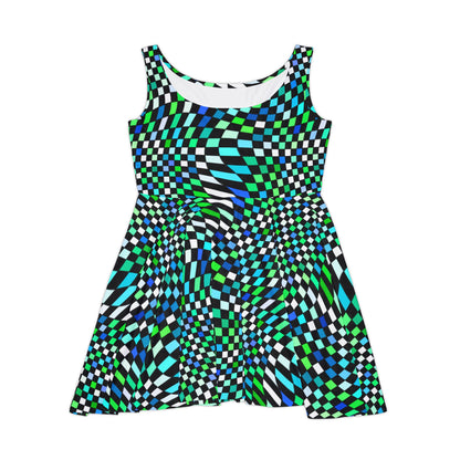 Warped Green Checkered Women's Skater Dress