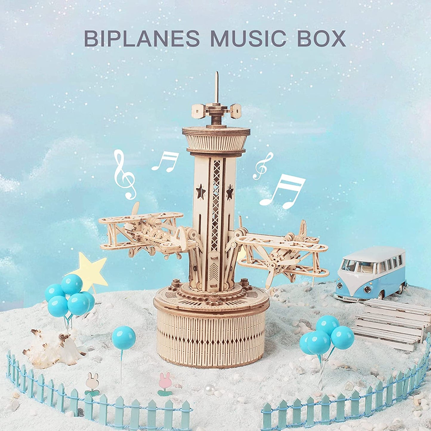 Flying Airplane Tower 3D DIY Wooden Puzzle Music Box