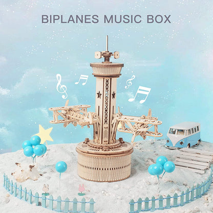 Flying Airplane Tower 3D DIY Wooden Puzzle Music Box