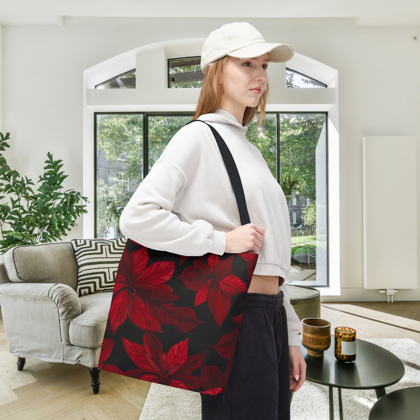 Midnight Poinsettia Garden Canvas Tote Bag