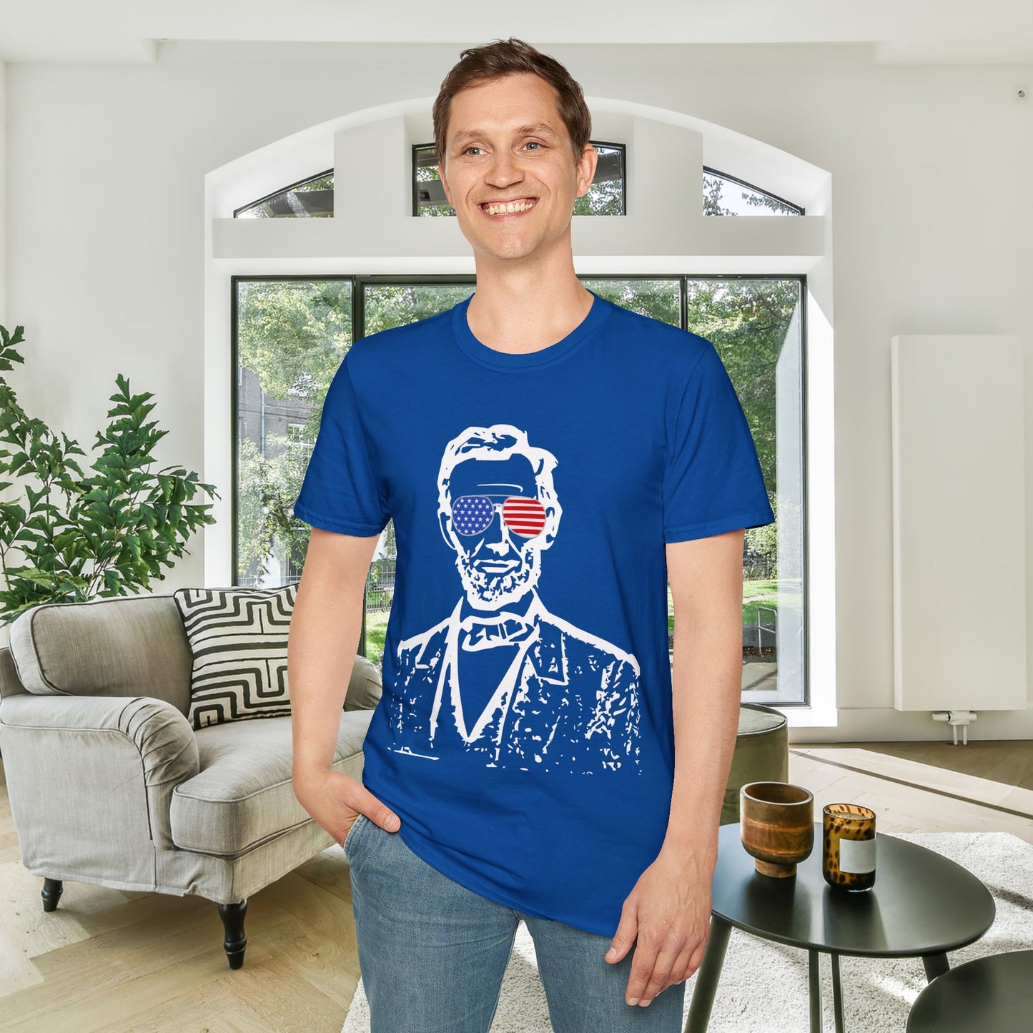 Abraham Lincoln w/Flag Sunglasses Adult T-shirt