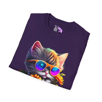 Cool Colorful Kitten in Flowers Adult T-shirt