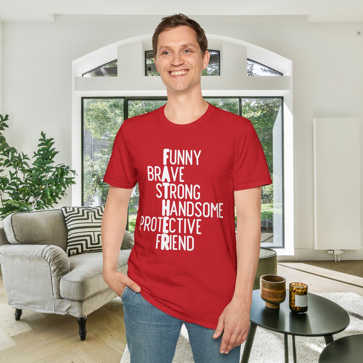 Father-Funny, Brave, Strong, Handsome, Protective, Friend Adult T-shirt