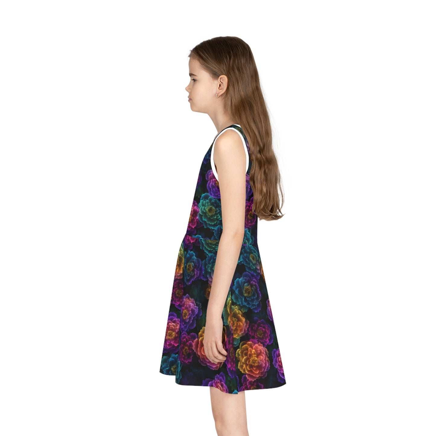 Neon Whisper Blooms Girls' Sleeveless Sundress