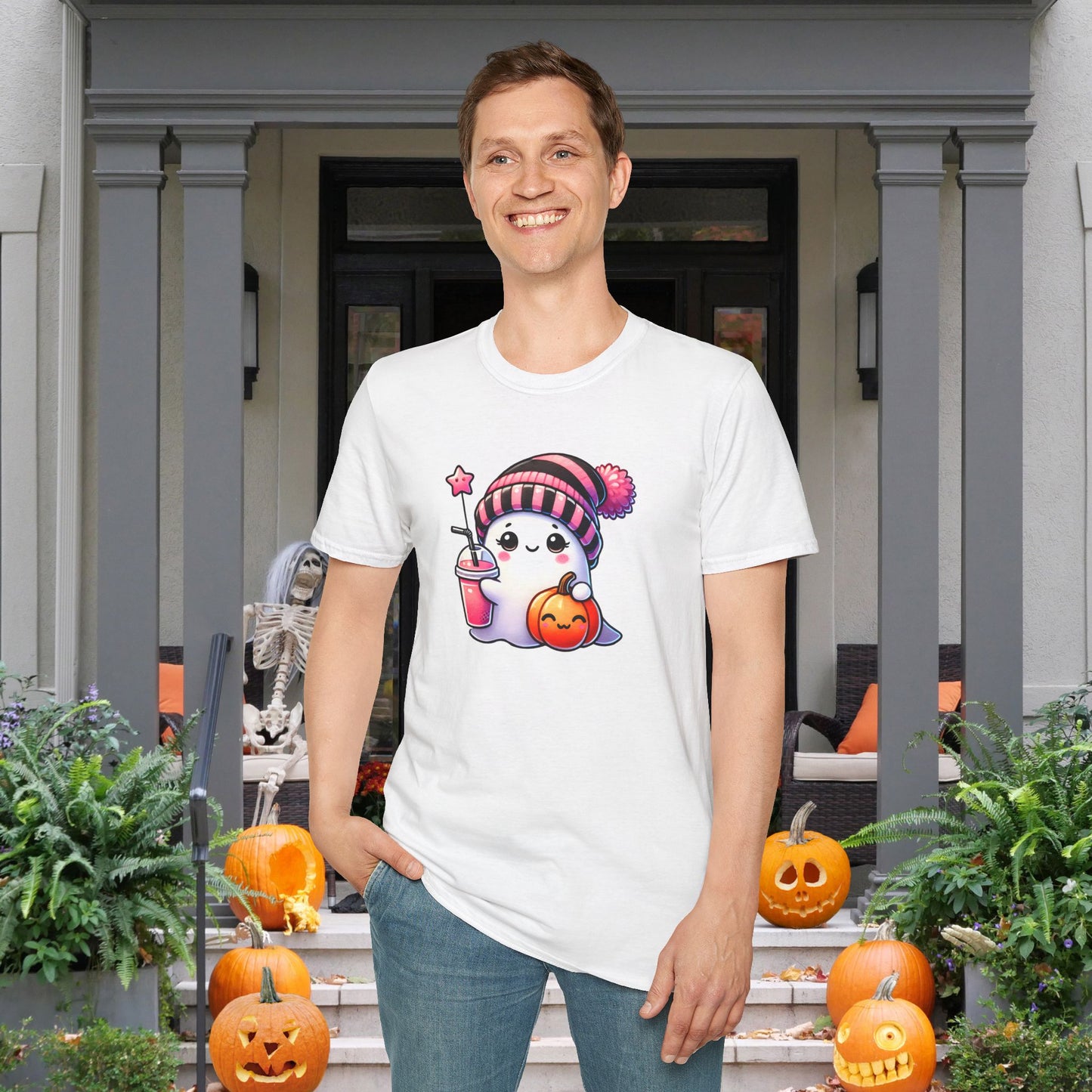 Cute Ghost w/Pumpkin and Pink Drink Adult T-shirt
