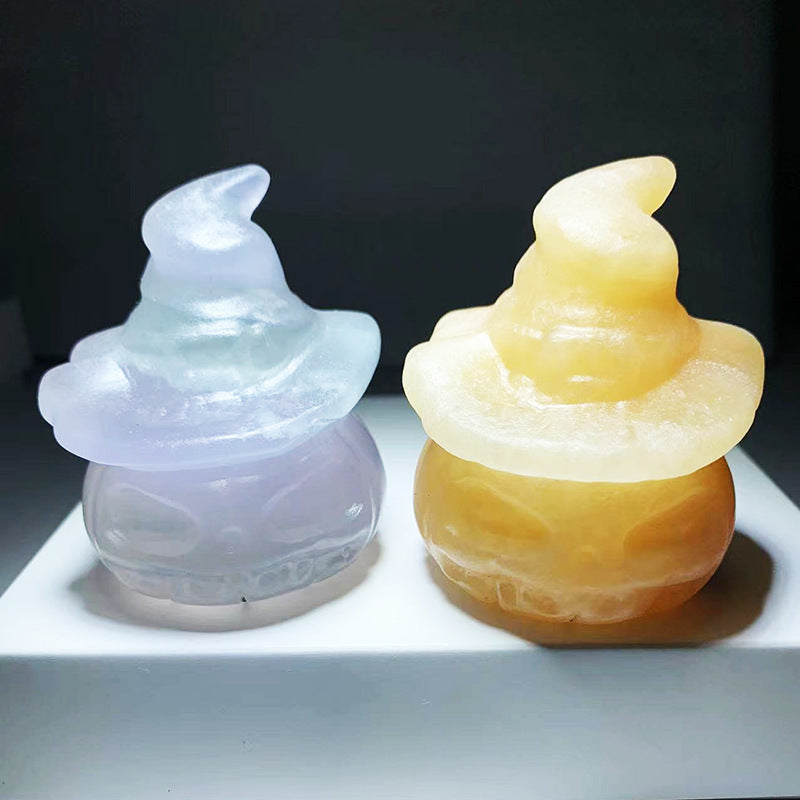 Natural Stone Carved Pumpkin w/Witch Hat