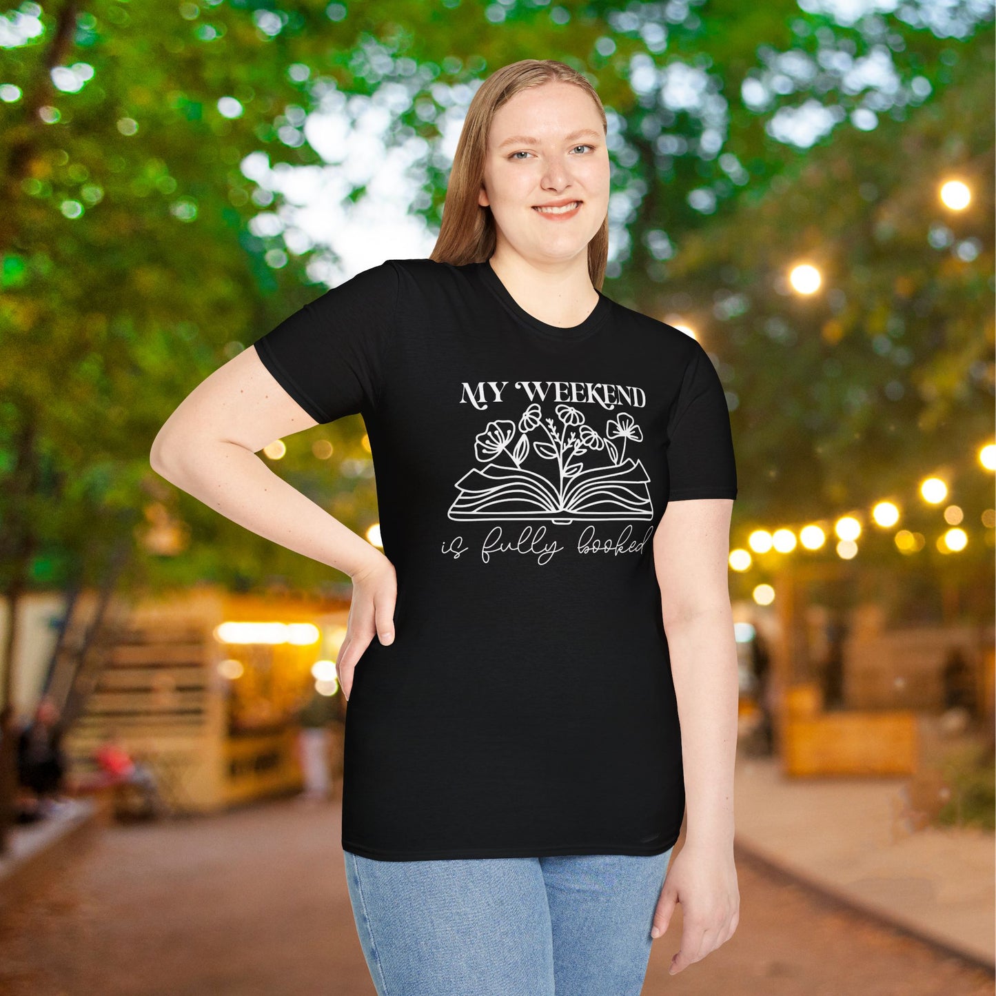 My Weekend Is Fully Booked (Flowers, Open Book) Adult T-shirt