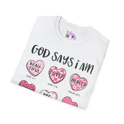 God Says I Am... (Conversation Hearts) Adult T-shirt