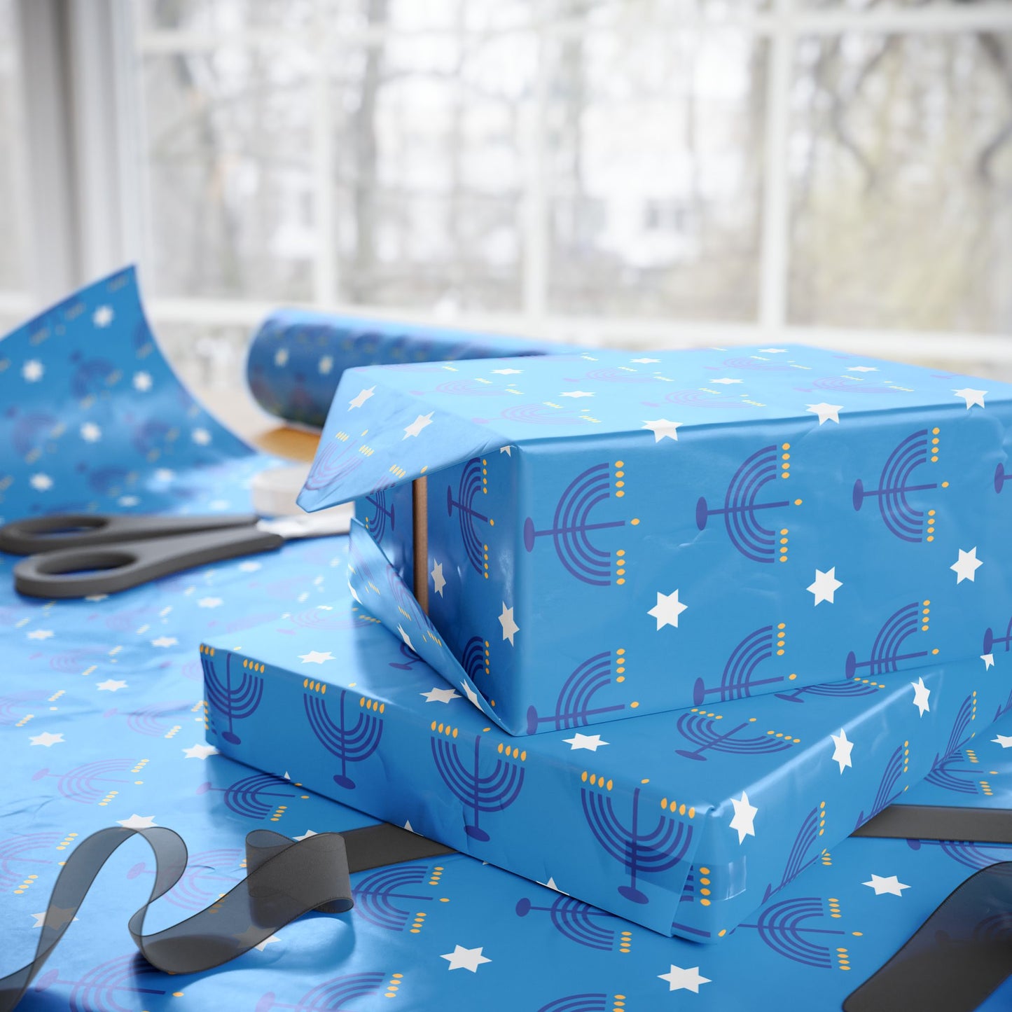 Blue/White Star of David Hanukkah Wrapping Paper
