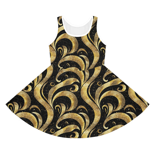 Black & Gold Luxe Swirl Girls' Sleeveless Sundress