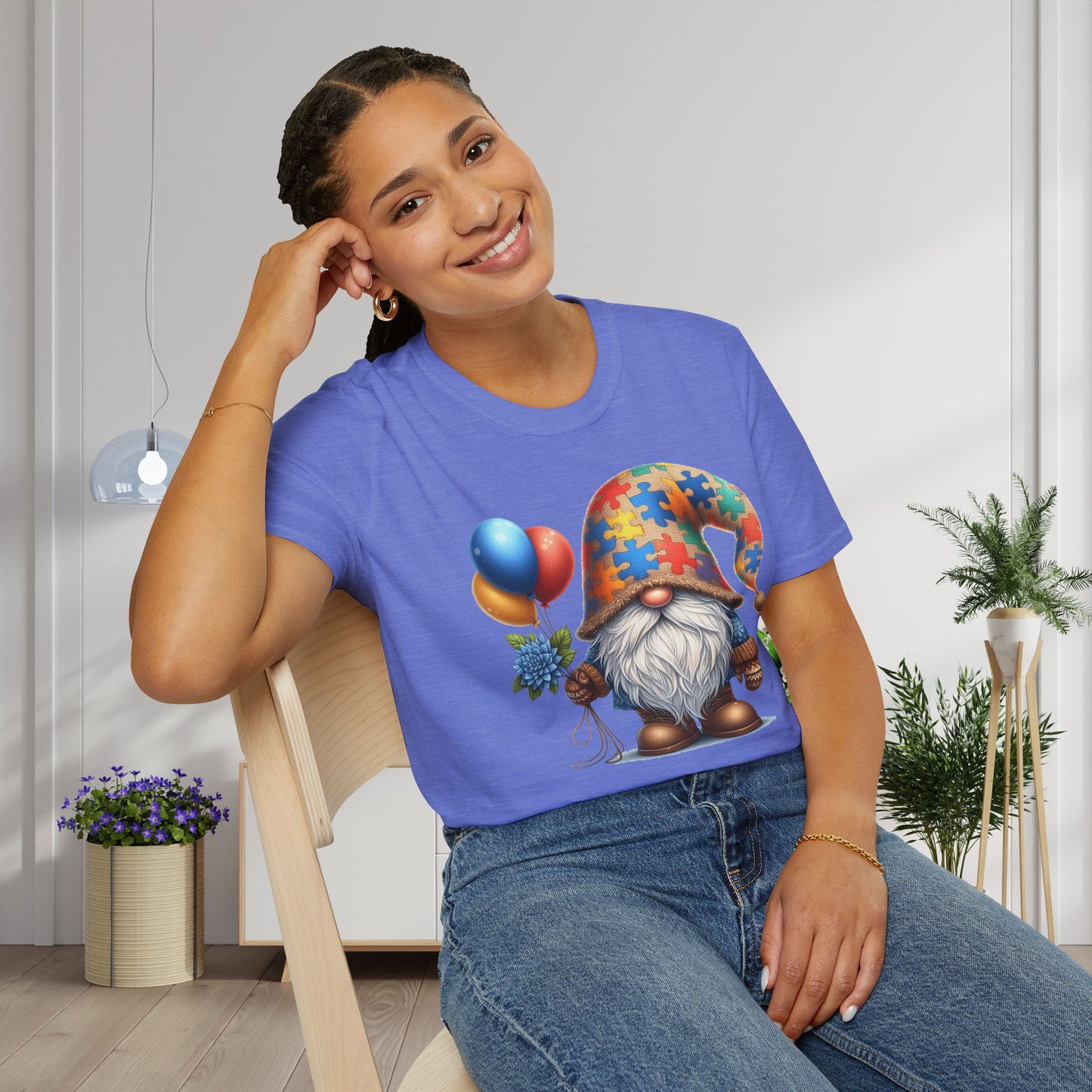 Autism Awarness Gnome w/Balloons Adult T-shirt