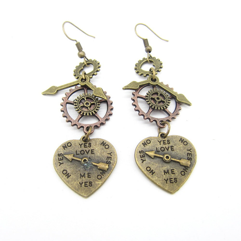 Mixed Gear Pointer Heart Steampunk Earrings